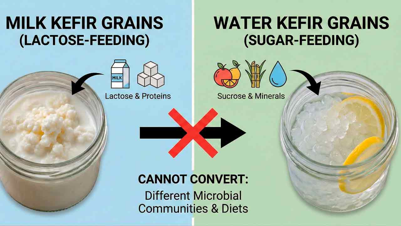 Comparison showing why you cannot convert kefir grains from milk to water