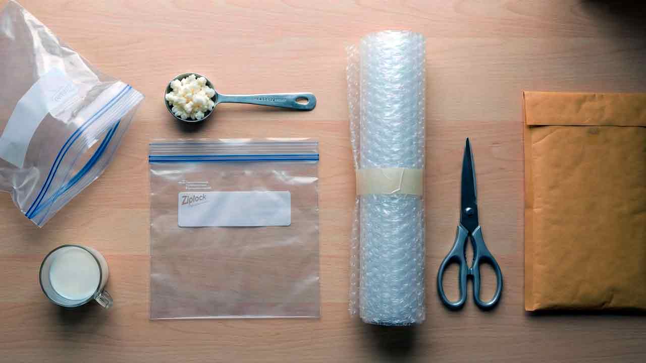 Supplies needed to ship milk kefir grains: Ziplock bags, grains, milk, and bubble wrap.