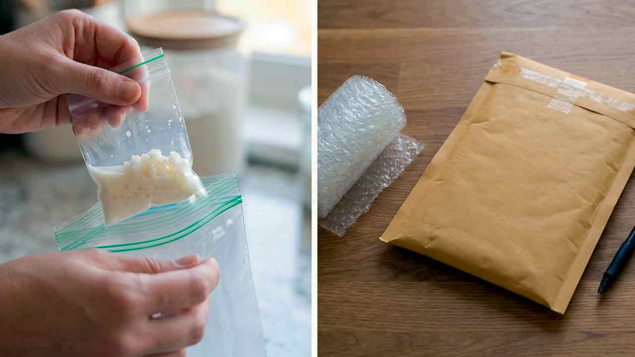 Hands double-bagging kefir grains in ziplock bags for safe shipping.