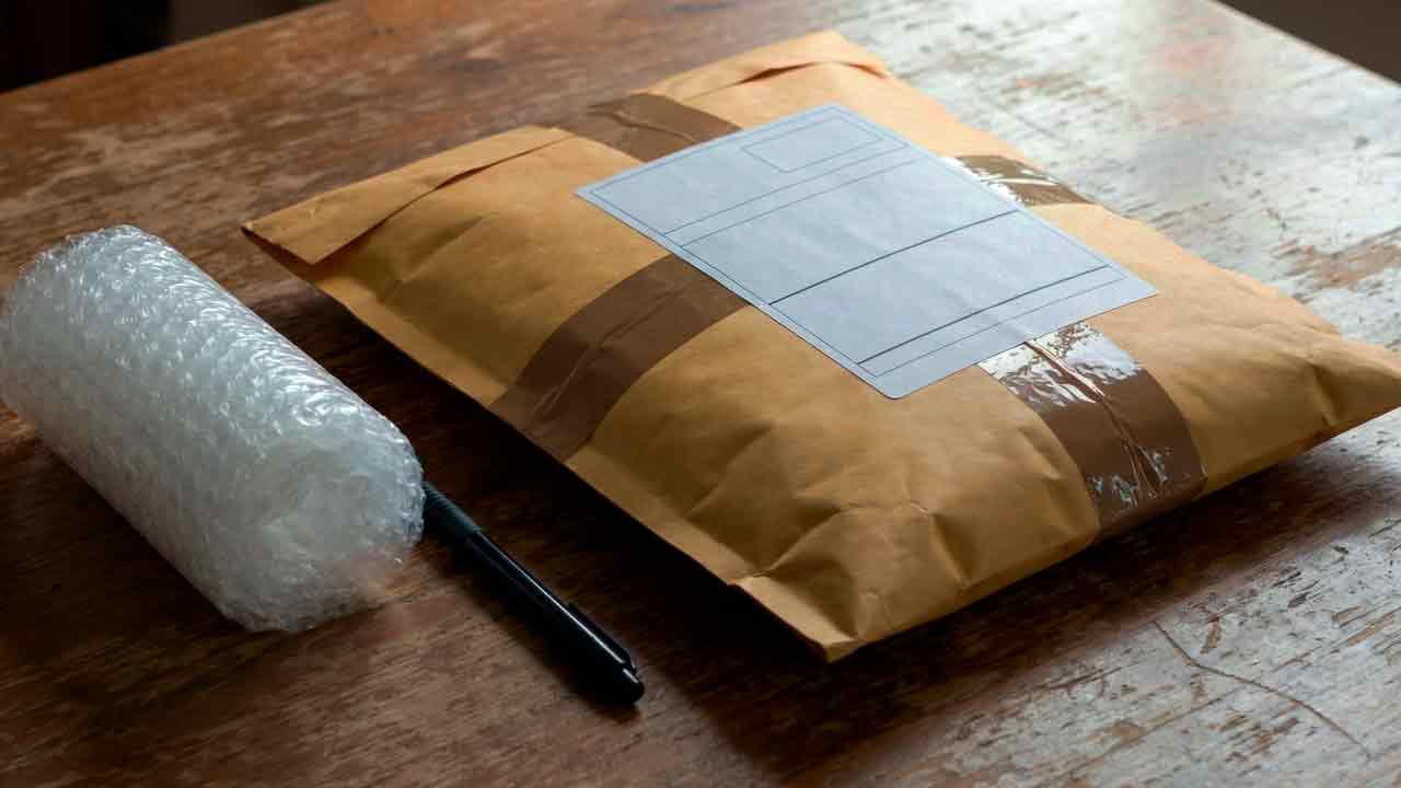 Padded envelope containing kefir grains, ready for shipping.